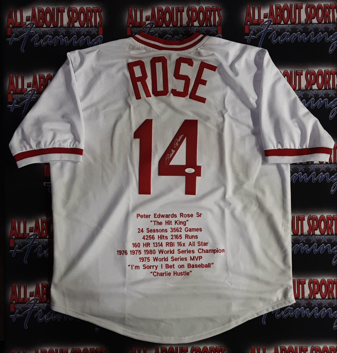 Cincinnati Reds Pete Rose Autographed White Jersey JSA Stock