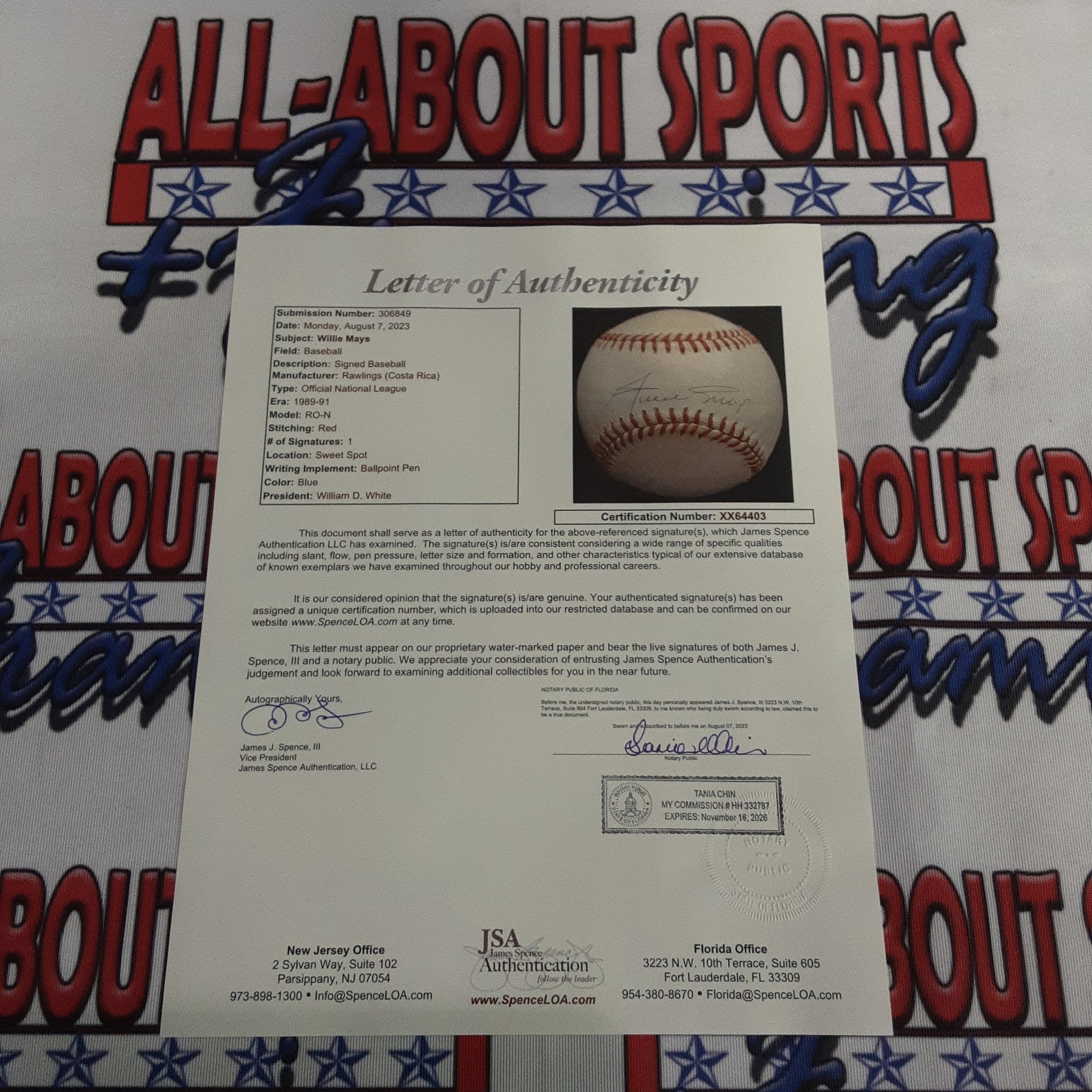 Willie Mays Authentic Signed Baseball Autographed JSA/LOA-