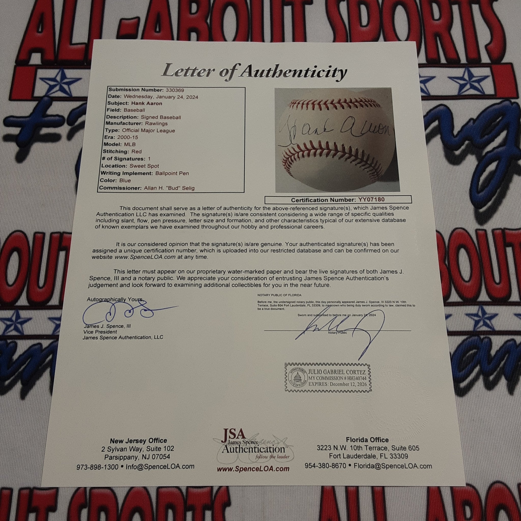 Hank Aaron Authentic Signed Baseball Autographed JSA/LOA.