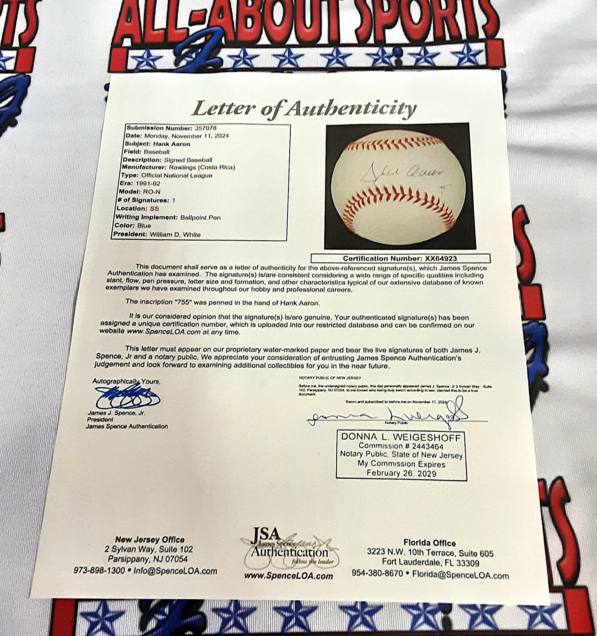 Hank Aaron Authentic Signed Baseball Autographed with Inscription JSA/LOA-