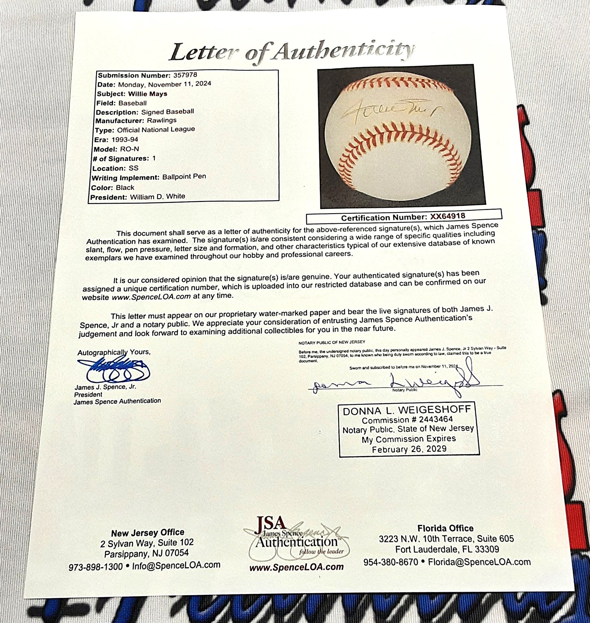 Willy Mays Authentic Signed Baseball Autographed JSA LOA