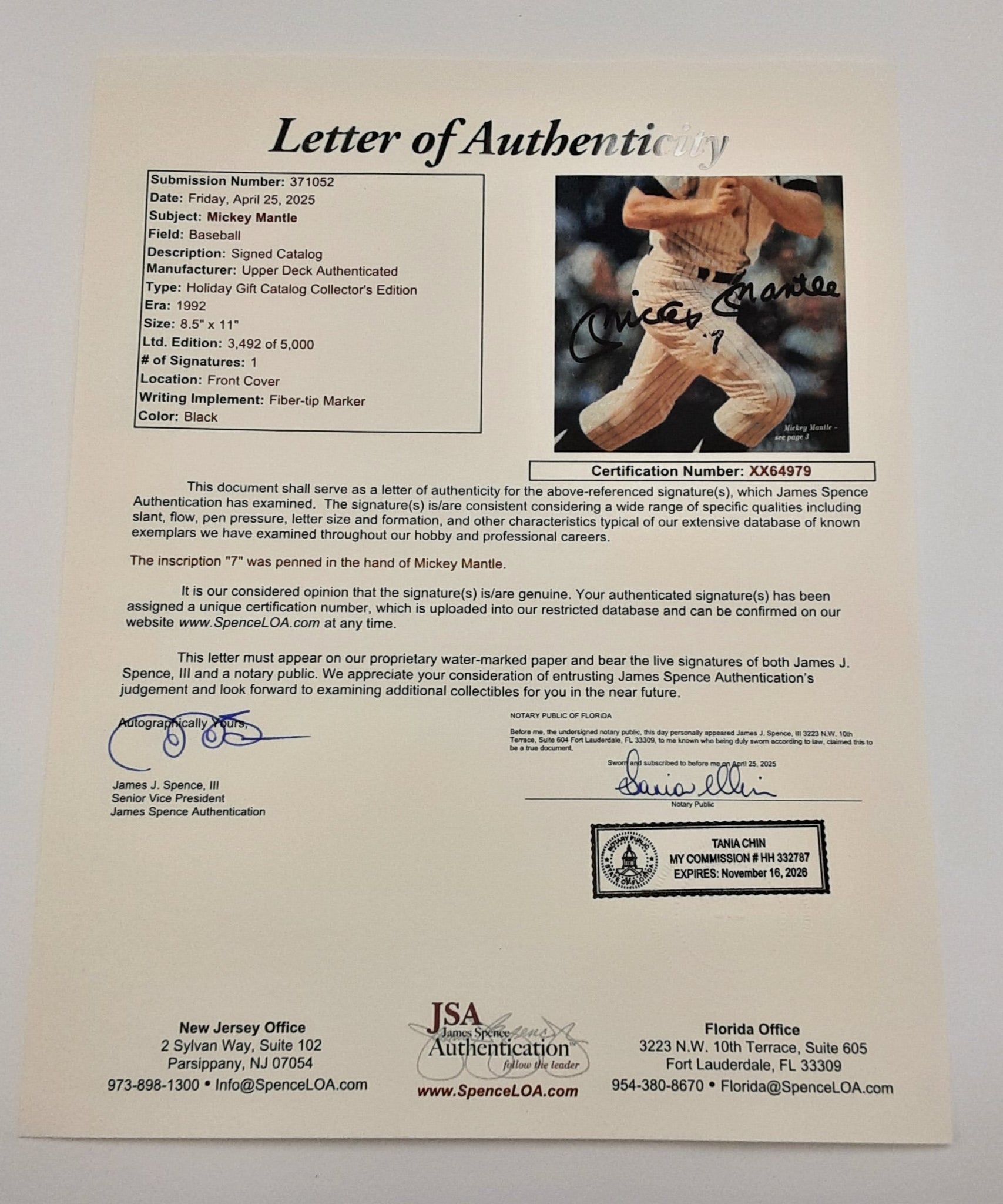 Mickey Mantle Authentic Signed Framed Catalog Autographed JSA LOA Upper Deck