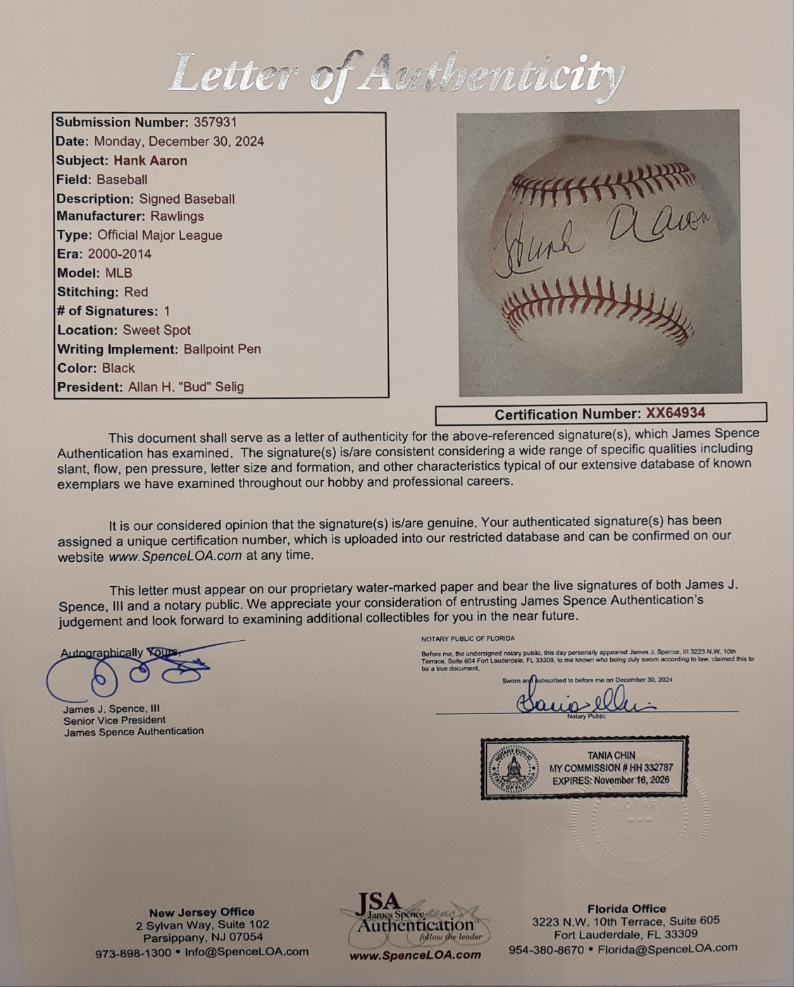 Hank Aaron Authentic Signed Baseball Autographed JSA/LOA