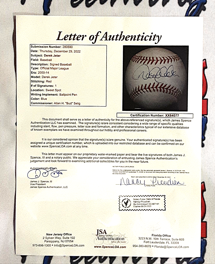 Derek Jeter Authentic Signed Baseball Autographed JSA LOA-