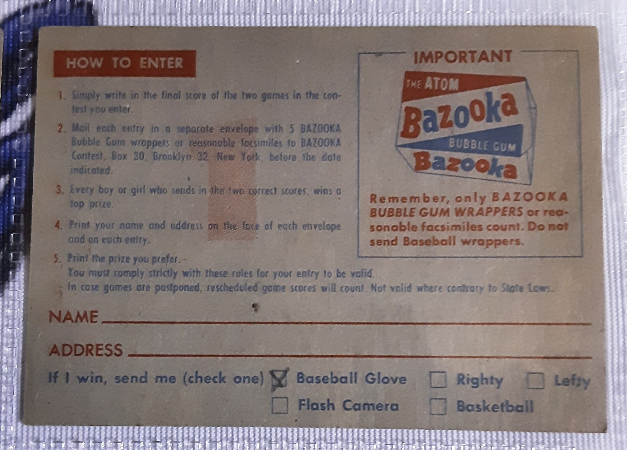 1957 Topps Bazooka Baseball Contest Cards (Set of 6)