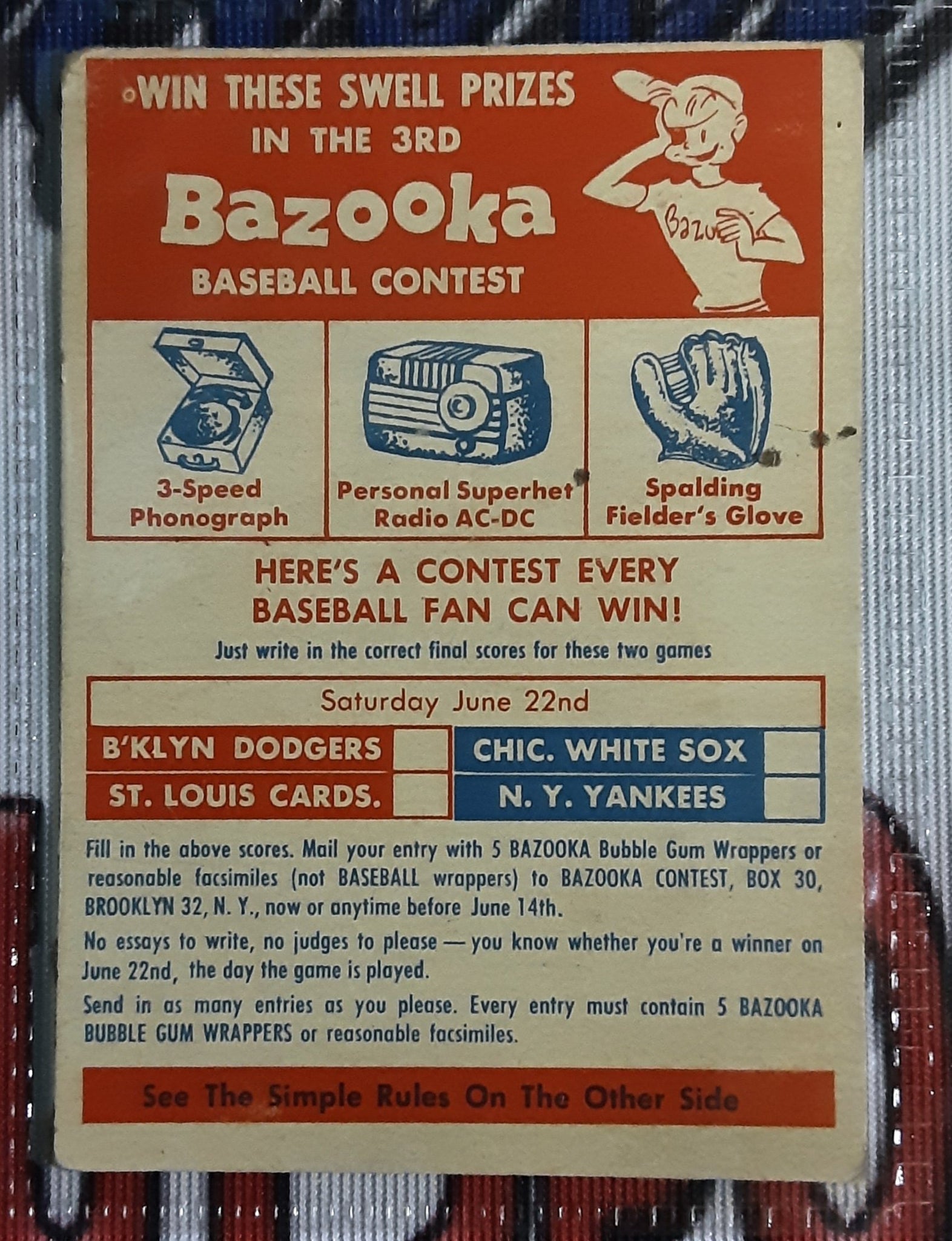 1957 Topps Bazooka Baseball Contest Cards (Set of 6)