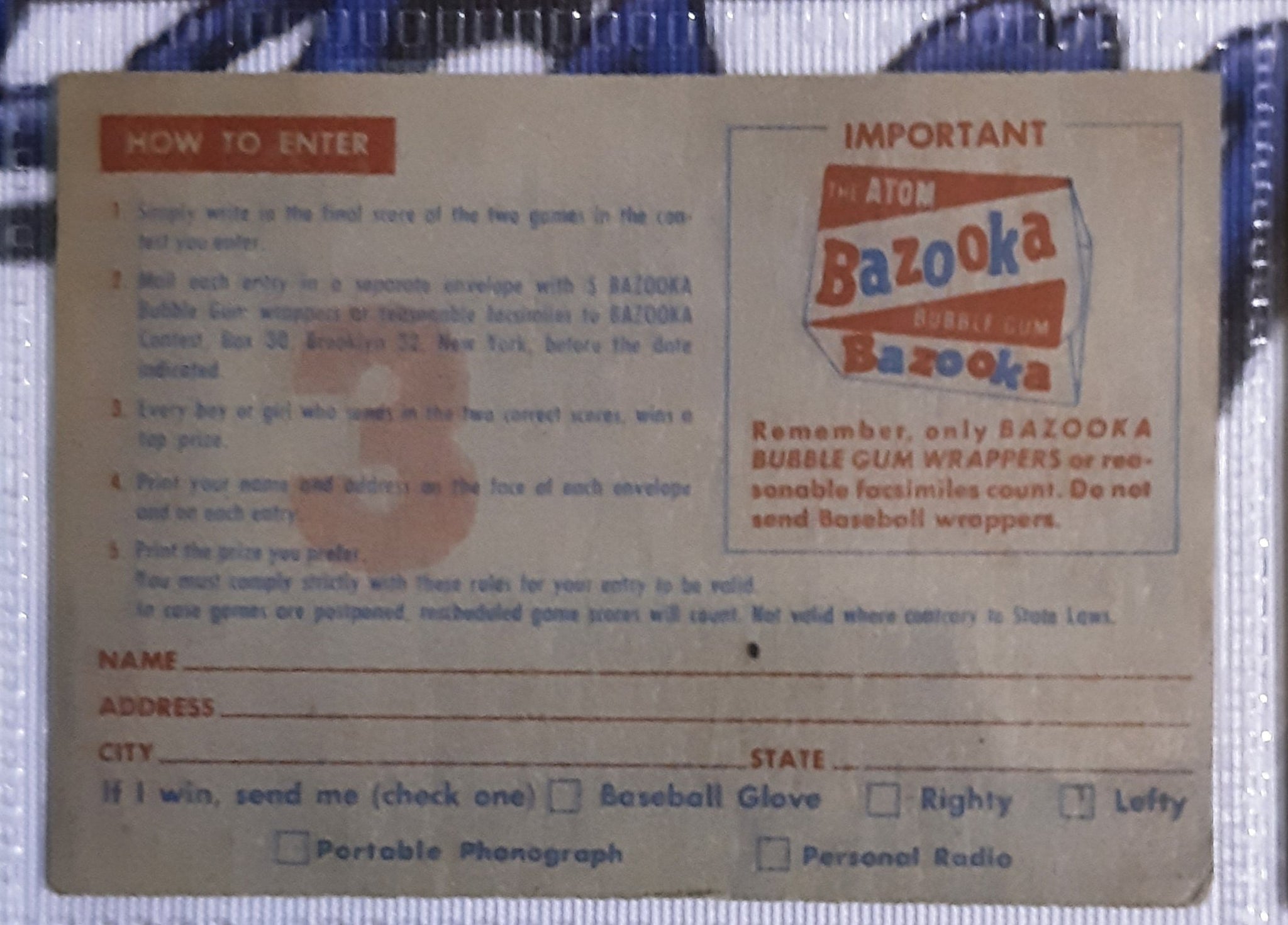 1957 Topps Bazooka Baseball Contest Cards (Set of 6)