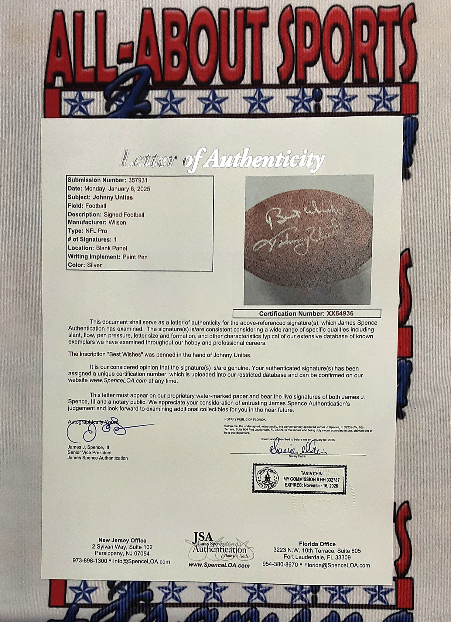 Johnny Unitas Authentic Signed Autographed Football with Inscription JSA/LOA-