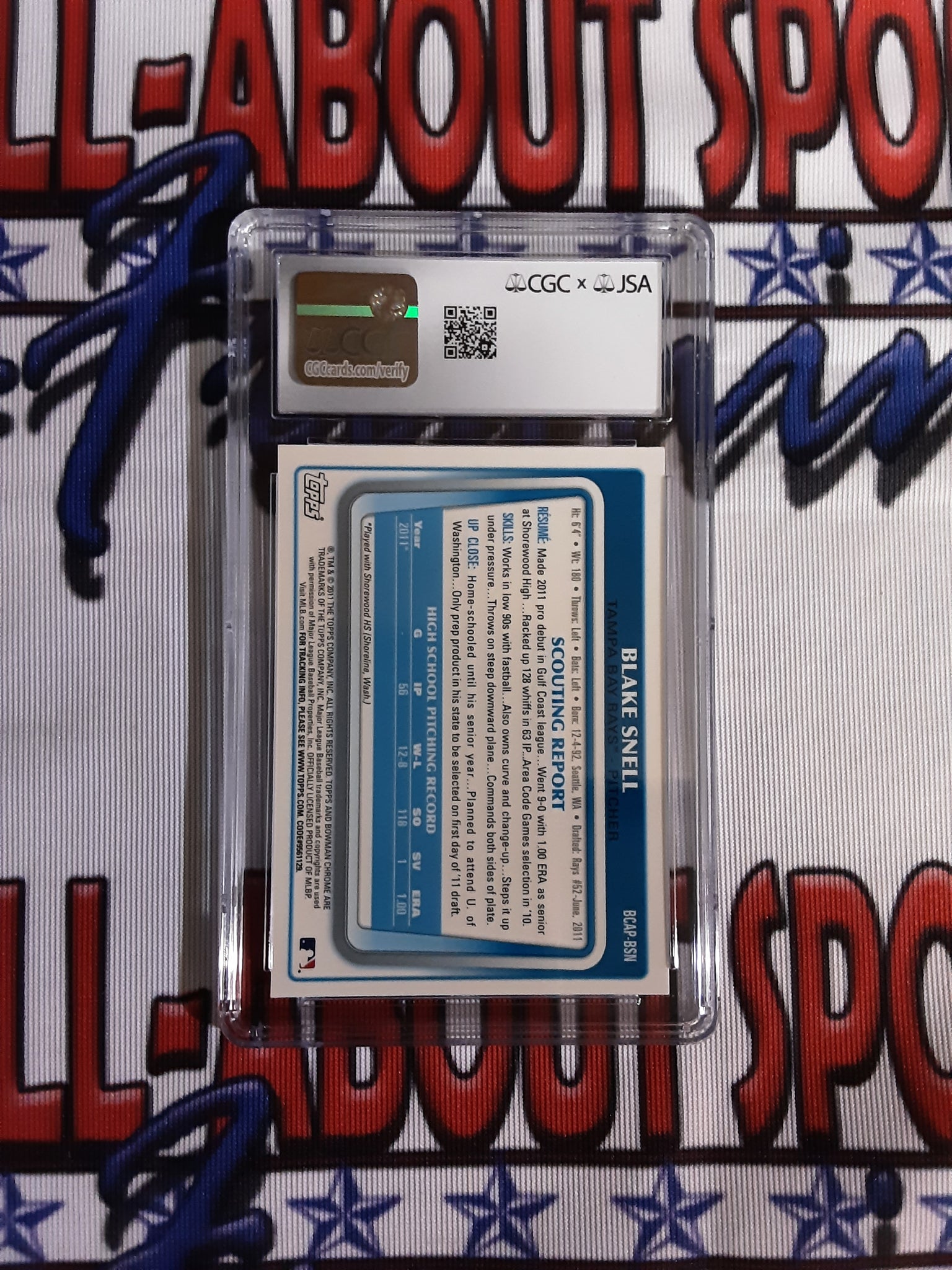 2011 Bowman D.P. & Prospects Chrome Prospect Autographs #BCAP-BSN Blake Snell Card GEM Mint 10 Authentic Autographed