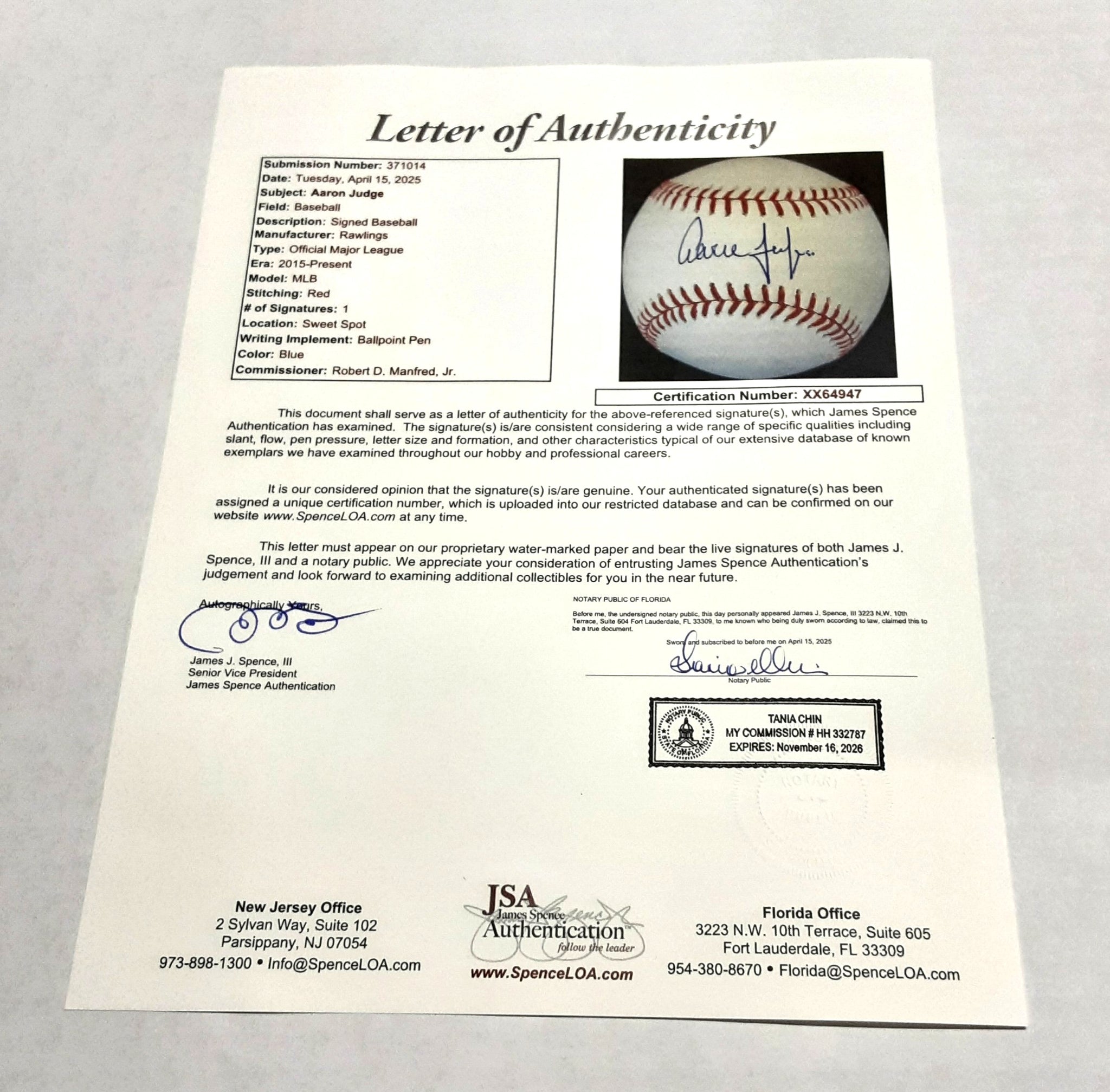 Aaron Judge Authentic Signed Baseball Autographed JSA/LOA