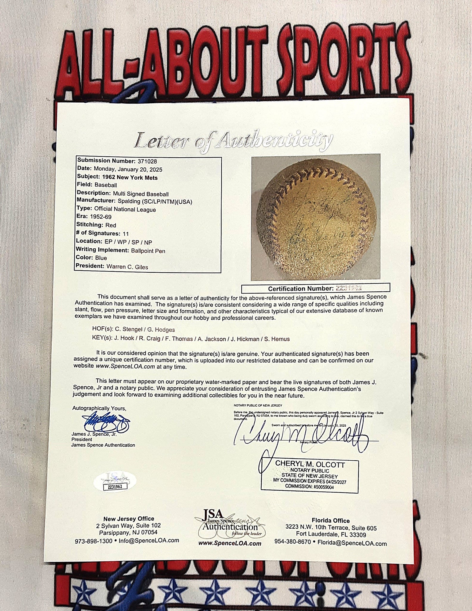 C. Stengel G. Hodges J. Hook Authentic Signed Baseball Autographed JSA LOA
