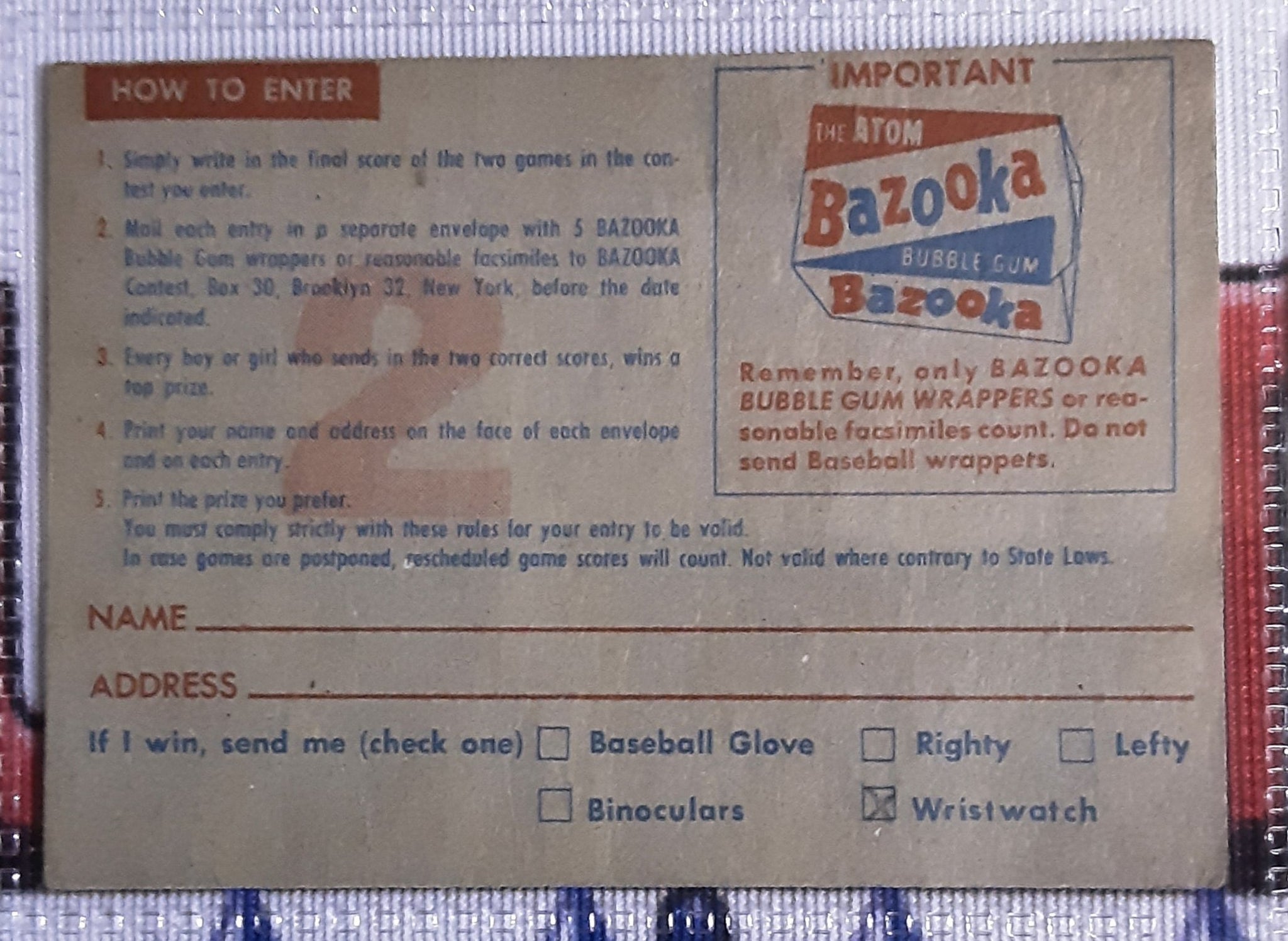 1957 Topps Bazooka Baseball Contest Cards (Set of 6)