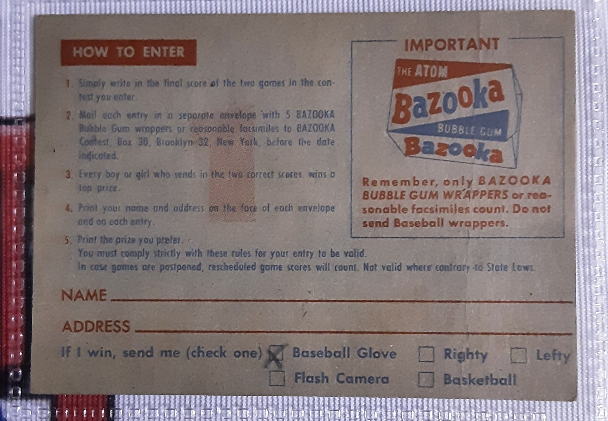 1957 Topps Bazooka Baseball Contest Cards (Set of 6)