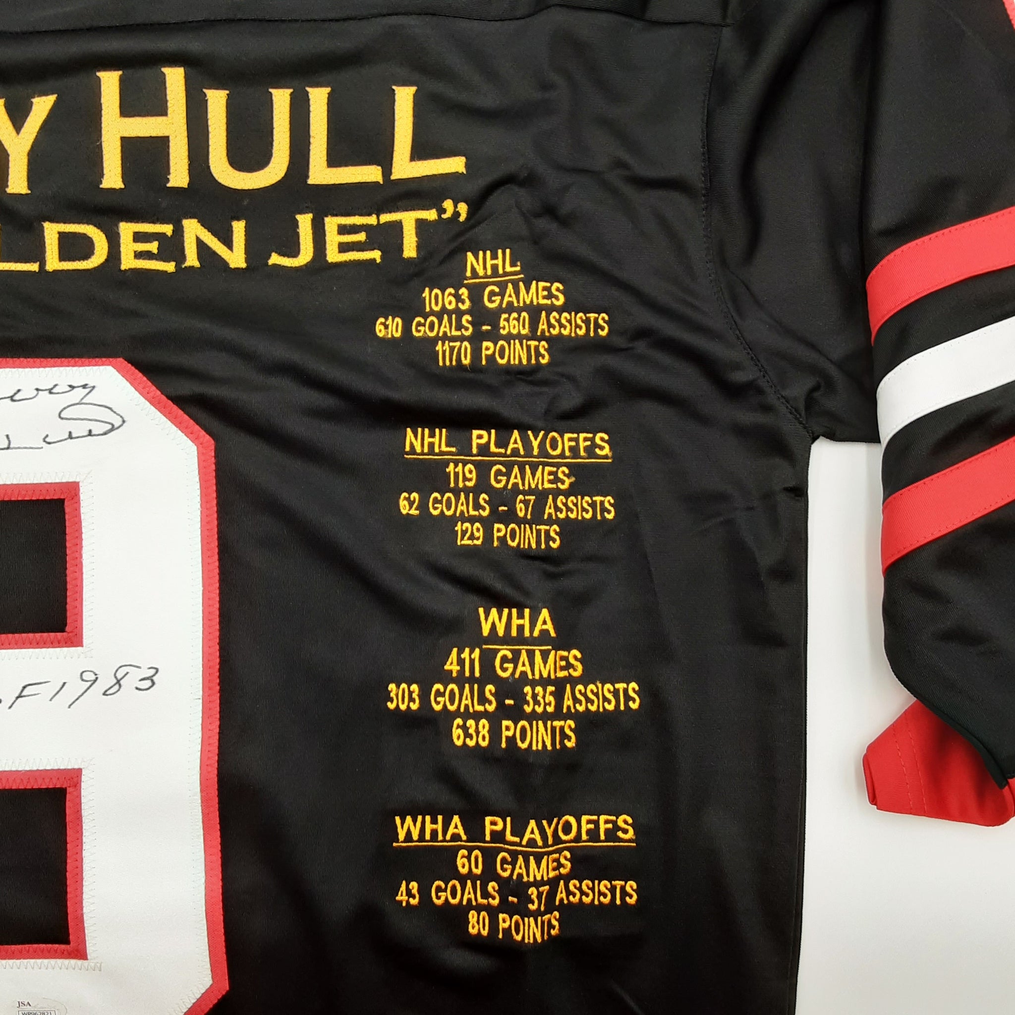 Bobby Hull Authentic Signed Pro Style Stats Jersey Autographed with Inscription JSA
