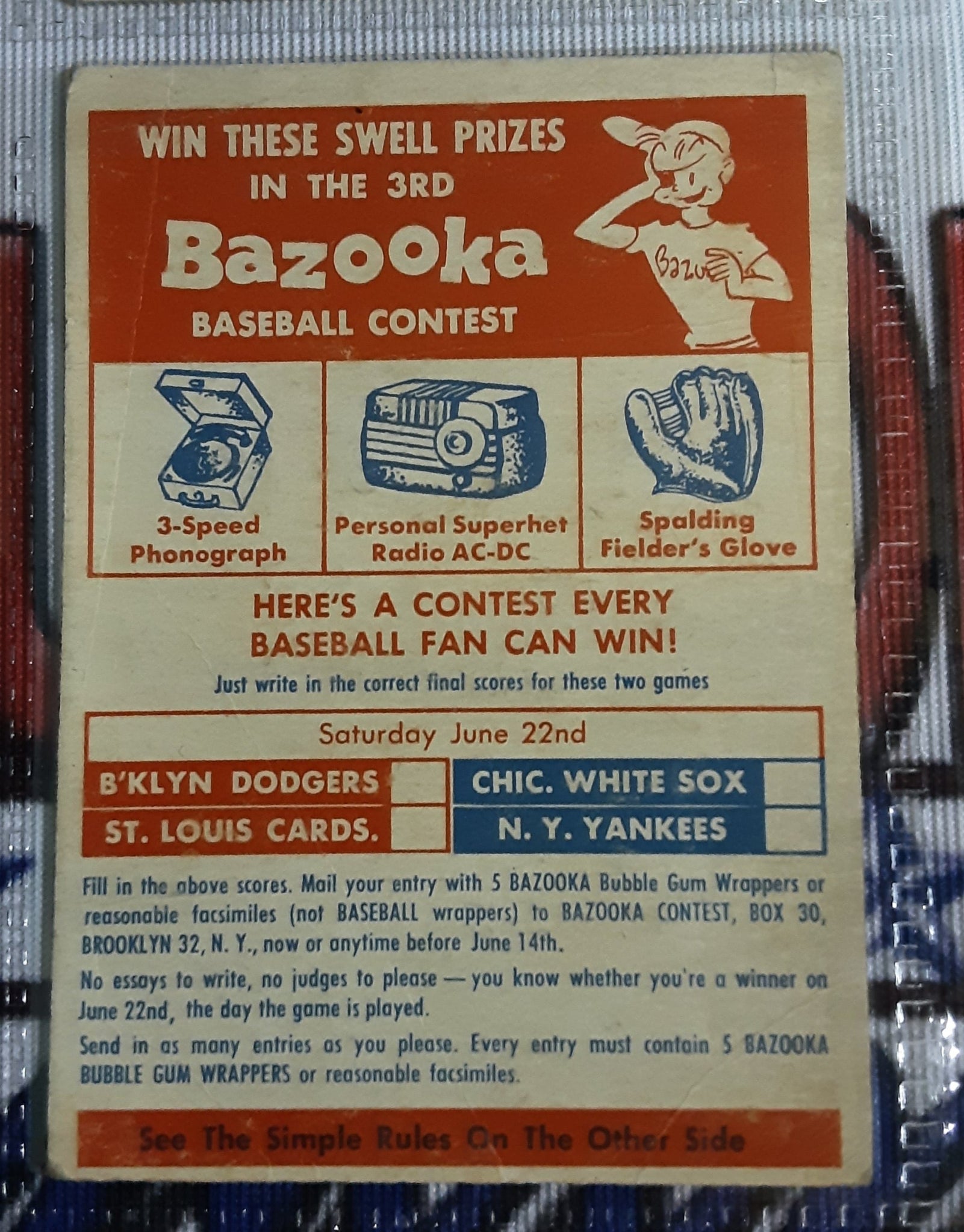 1957 Topps Bazooka Baseball Contest Cards (Set of 6)