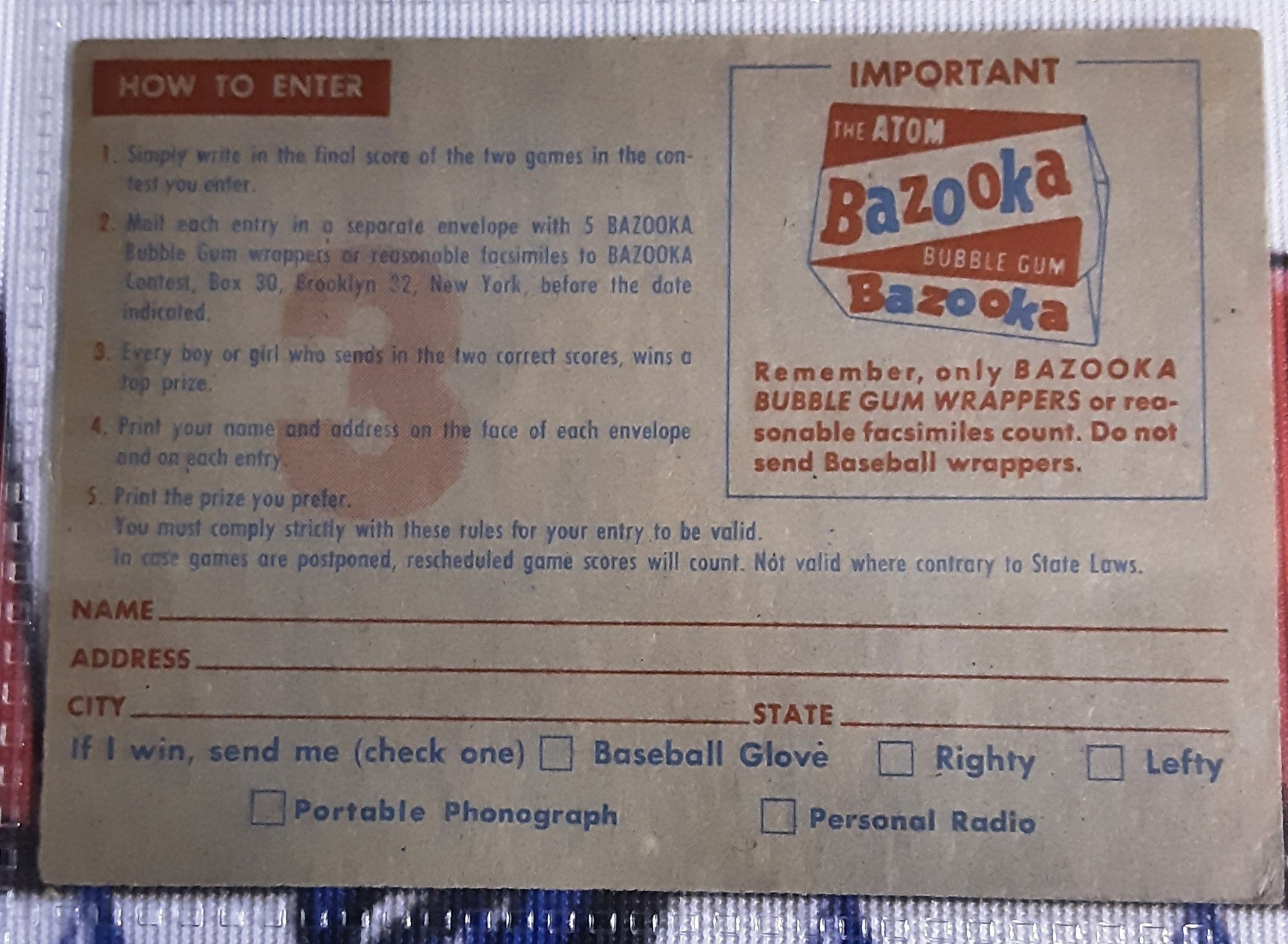 1957 Topps Bazooka Baseball Contest Cards (Set of 6)