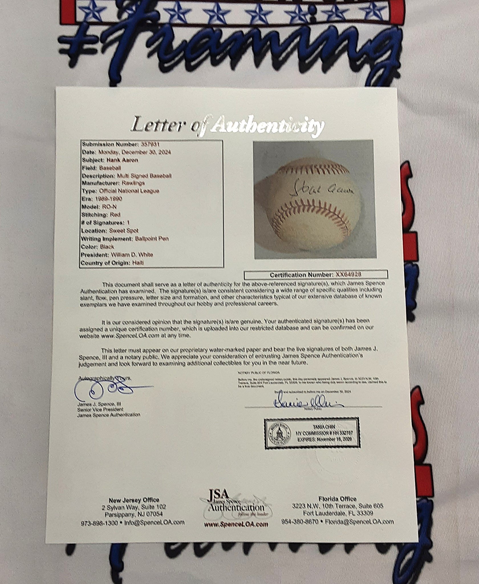 Hank Aaron Authentic Signed Baseball Autographed JSA/LOA-