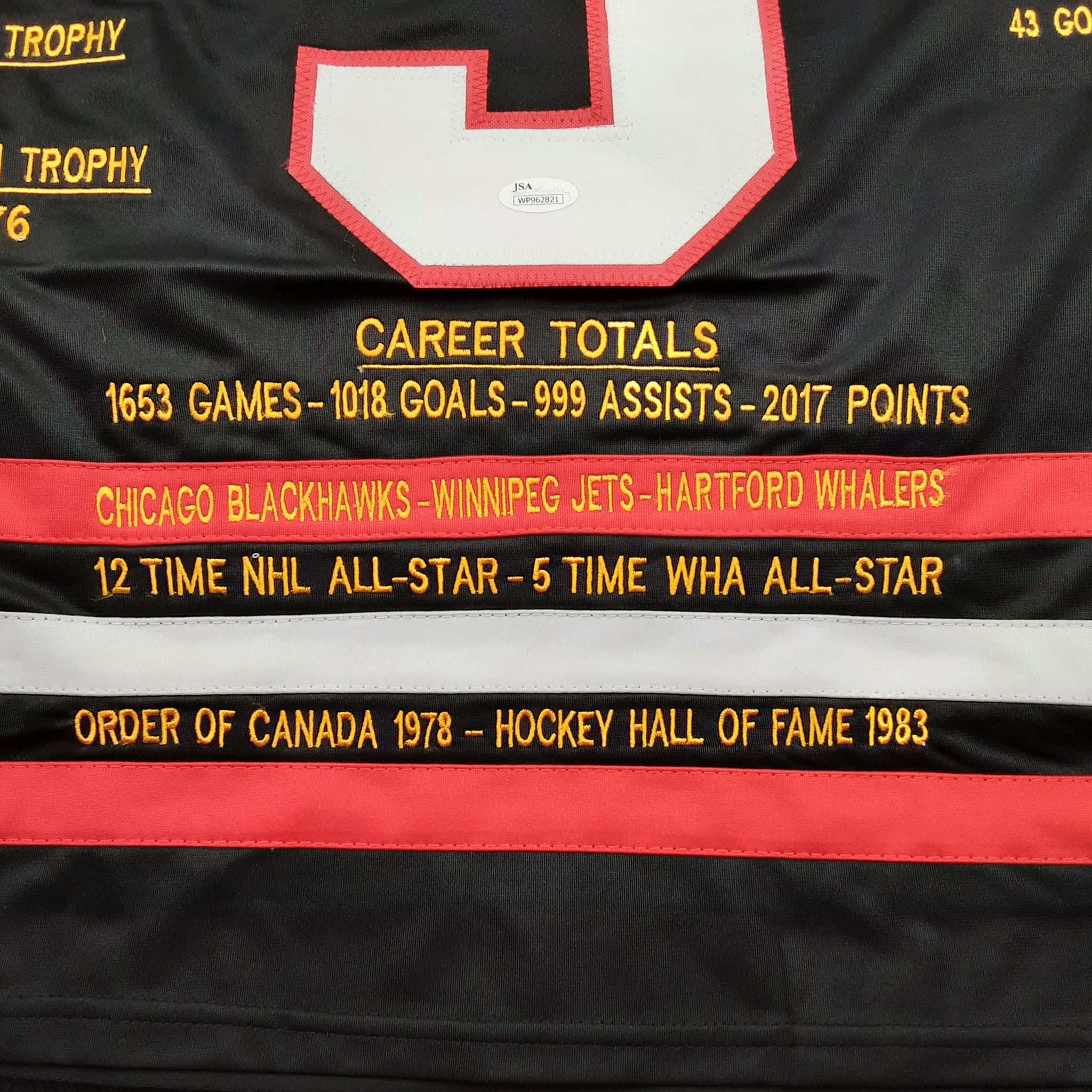 Bobby Hull Authentic Signed Pro Style Stats Jersey Autographed with Inscription JSA