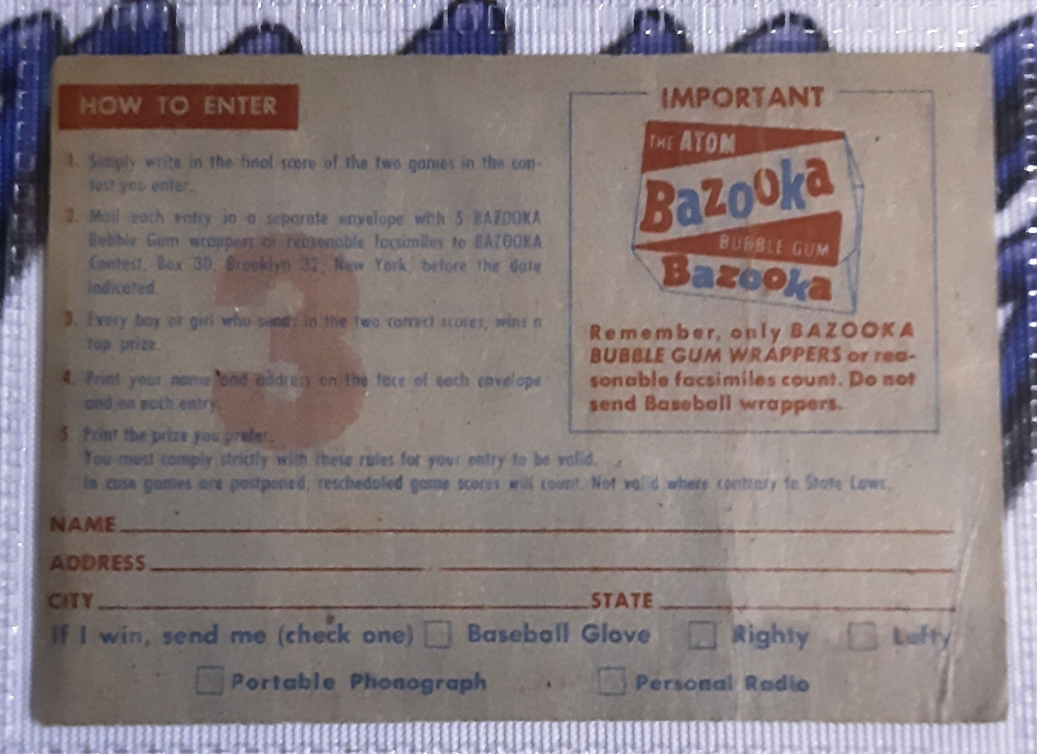 1957 Topps Bazooka Baseball Contest Cards (Set of 6)