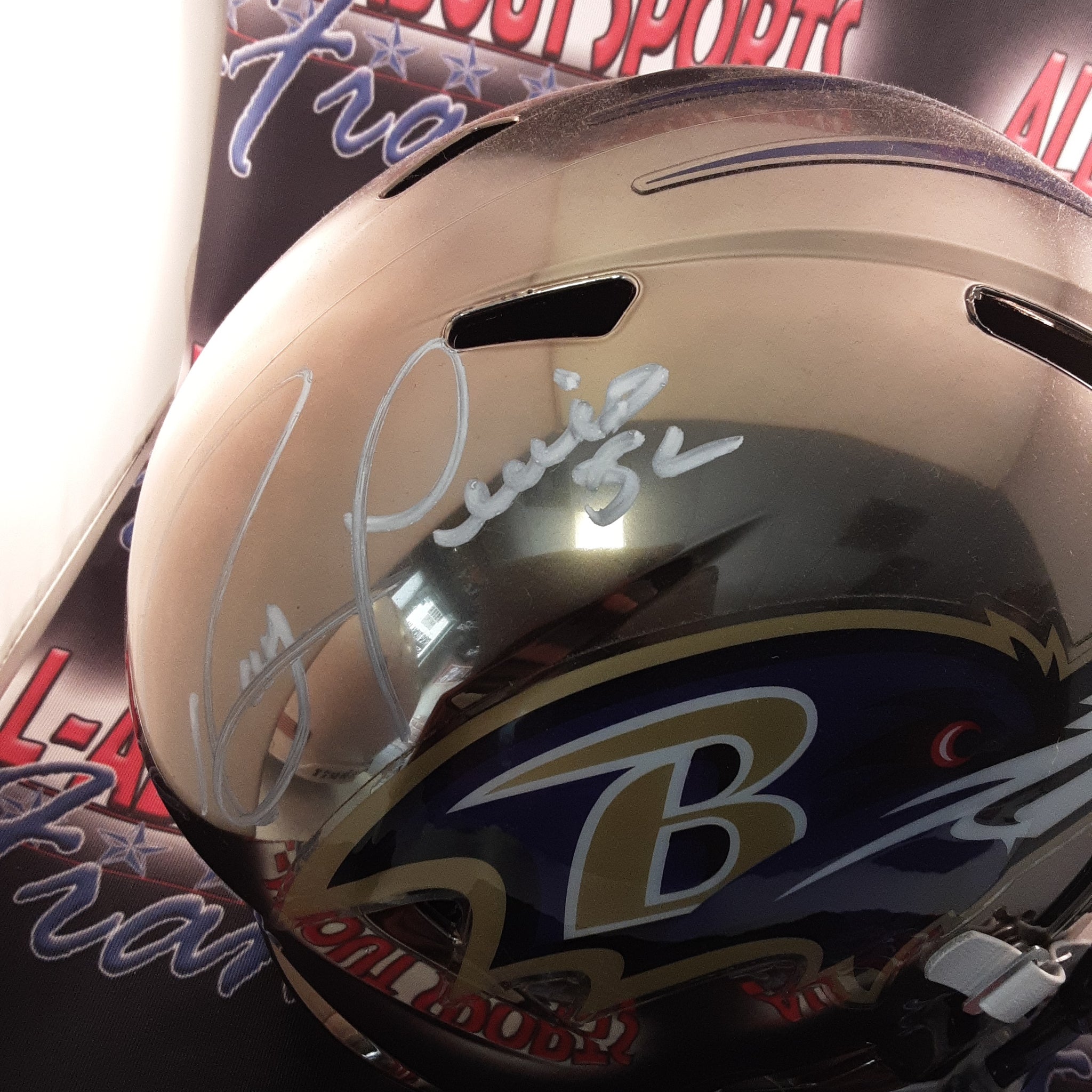 Ray Lewis Signed Autographed Full-size Chrome Replica Helmet JSA.