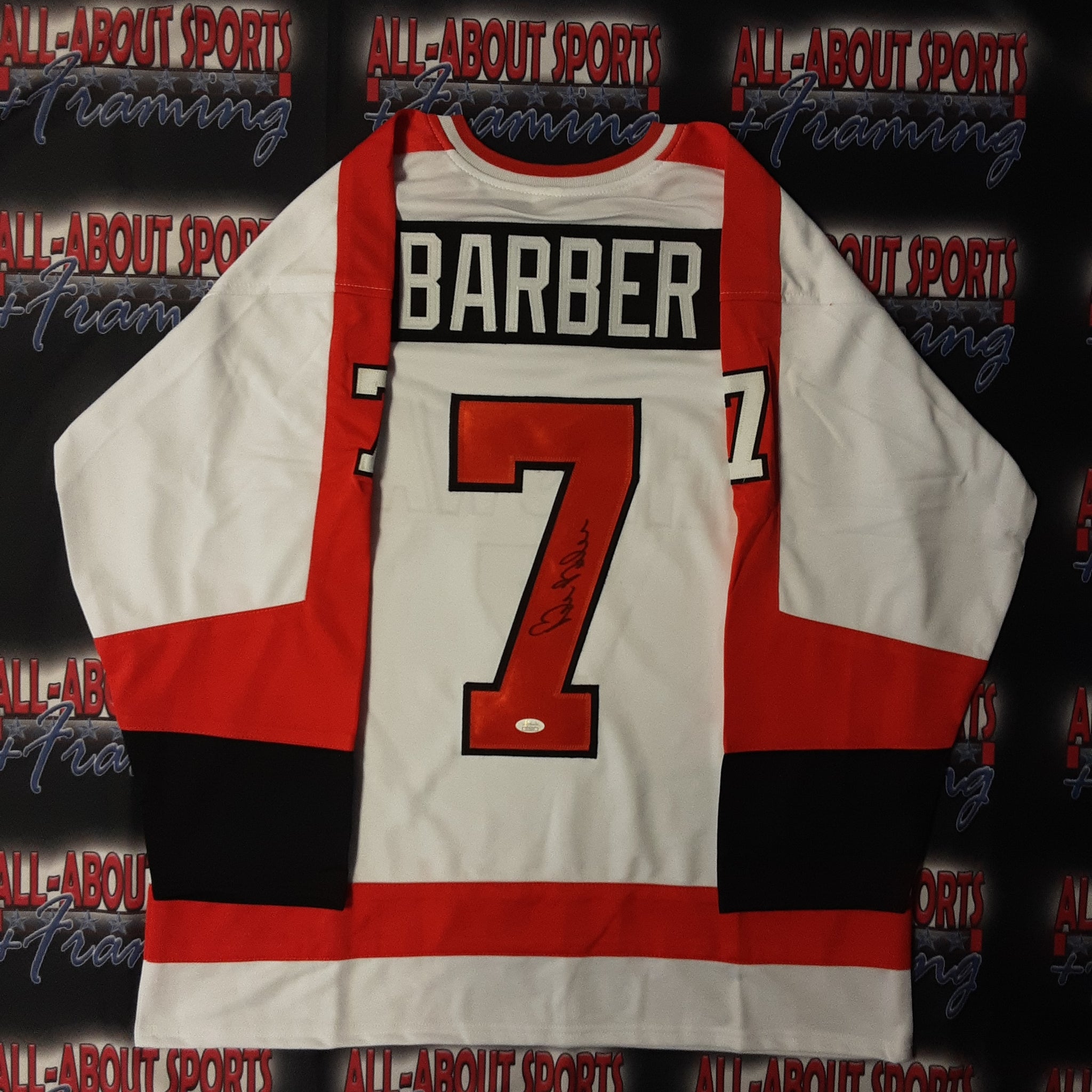 All About Sports + Framing Bernie Parent, Bill Barber, and Gary Dornhoefer Authentic Signed Pro Style Jersey Autographed JSA