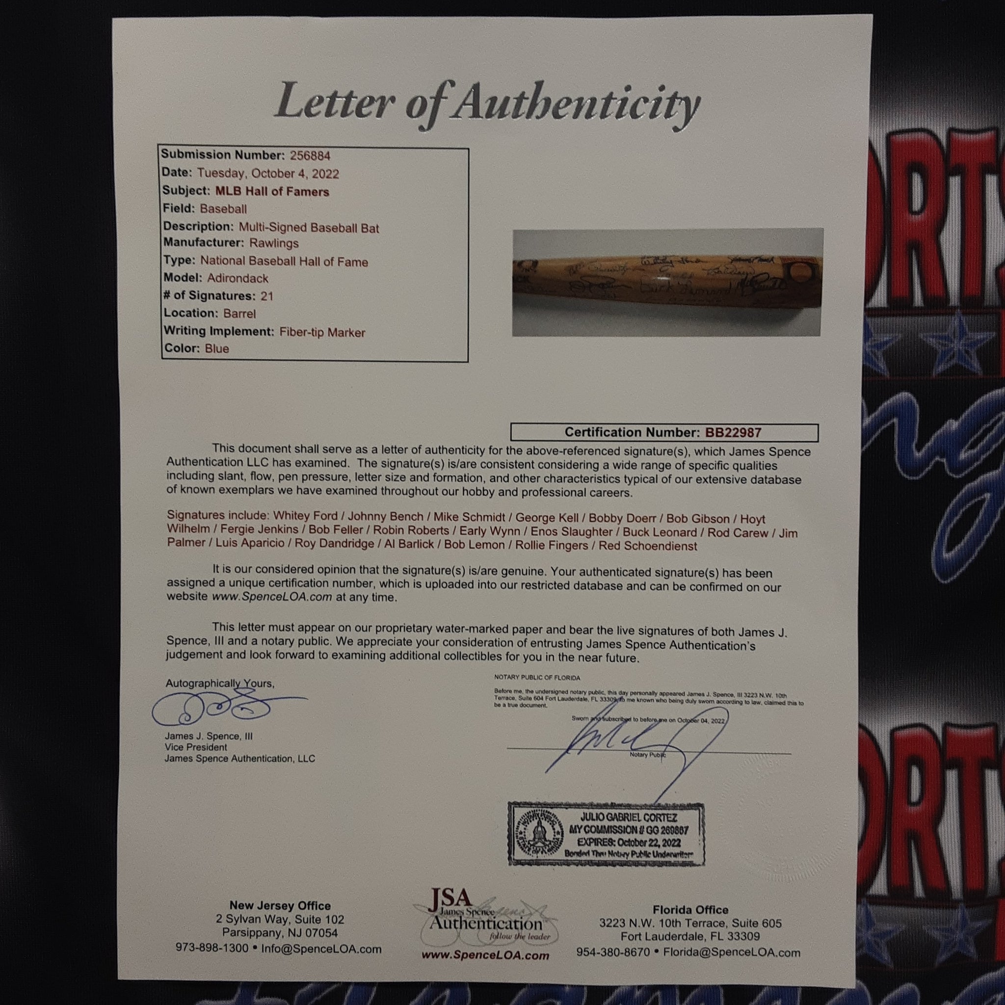 Ford, Bench, Schmidt, Gibson, Wilhelm, Jenkins, Fingers, Carew, and others 21 Signatures Authentic Signed Hall of Fame Baseball Bat Autographed JSA-